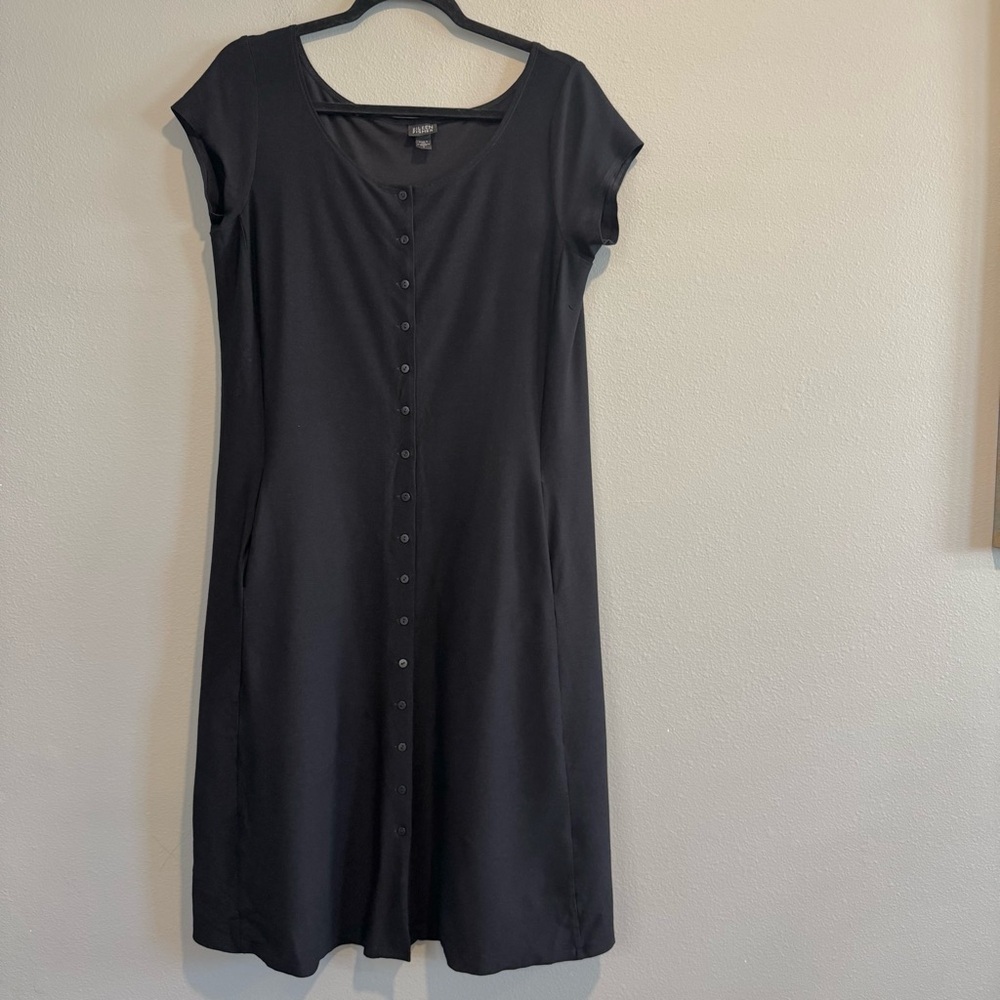 Eileen Fisher Button Front Midi Dress Short Sleeve Lagenlook Minimalist Small